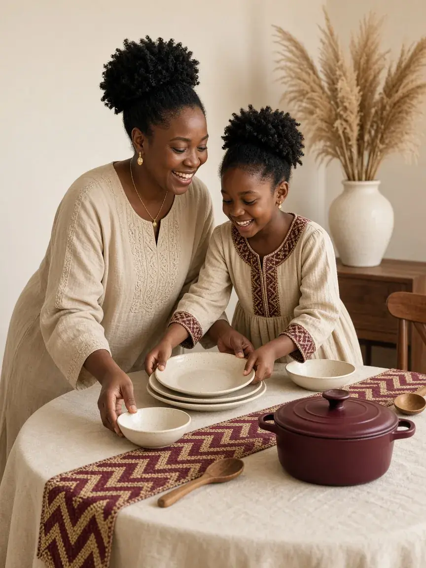 Une mère et sa fille dressant une table avec assiettes crème et cocotte bordeaux