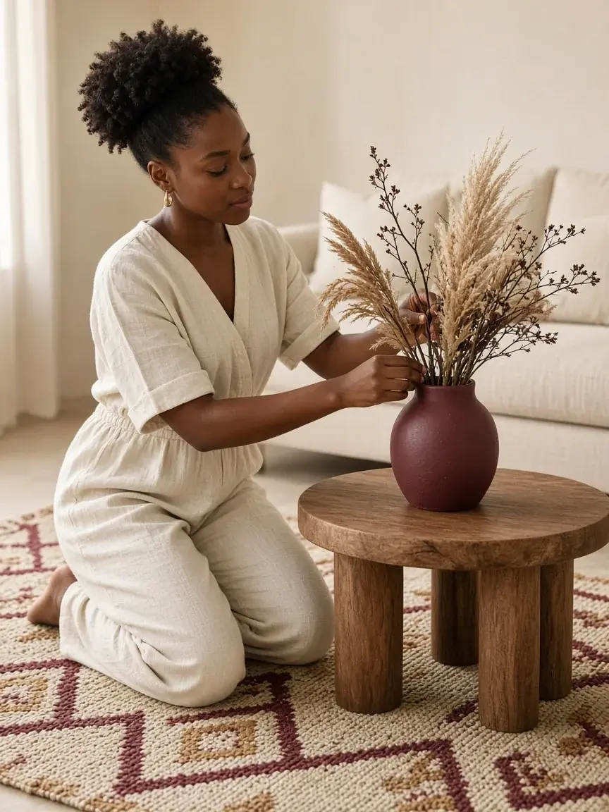 Femme arrangeant des fleurs séchées dans un vase bordeaux sur une table basse en bois