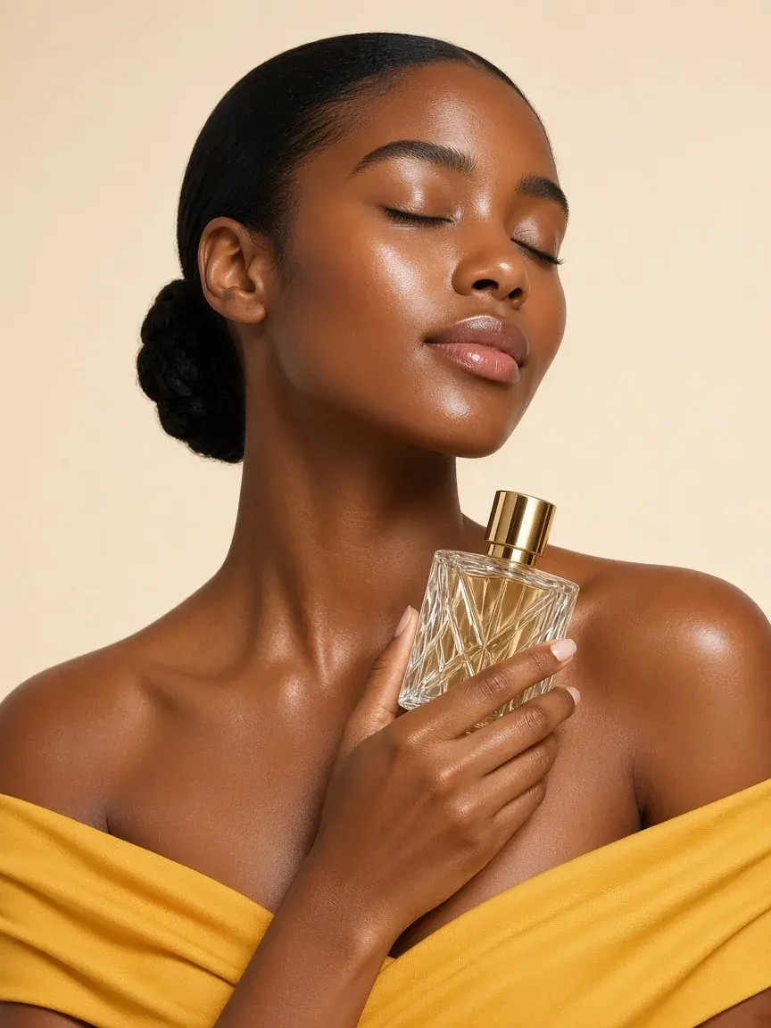 Femme aux yeux clos en haut jaune or tenant un flacon de parfum à bouchon doré