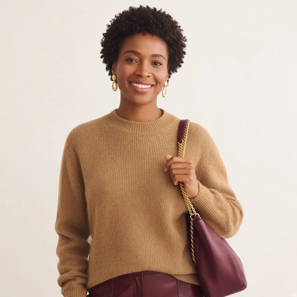 Femme souriante en pull camel, un sac bordeaux à chaîne dorée sur l’épaule