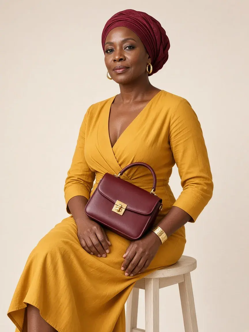 Femme élégante en robe jaune or et foulard bordeaux, assise, un sac bordeaux sur les genoux