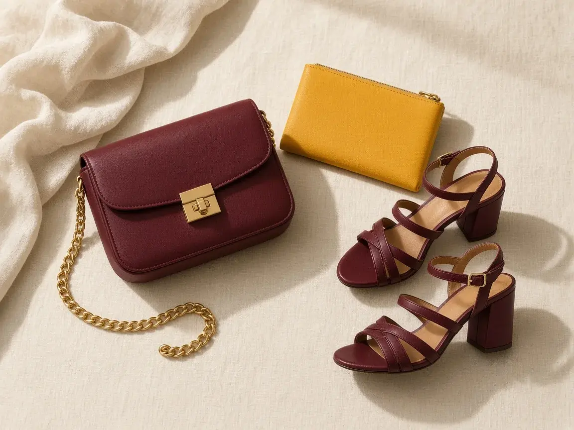 Sac bandoulière bordeaux à chaîne dorée, pochette jaune et sandales bordeaux