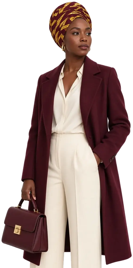 Femme en long manteau bordeaux et foulard à motifs or, un sac à main bordeaux à la main
